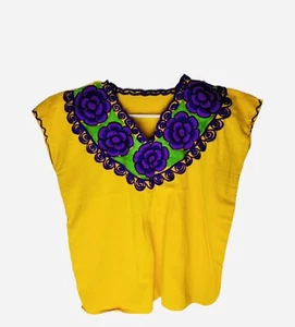 #0066MESSICANO Huipil Pullover Blusa S-M Giallo Cotone Colorato Ricamo Floreale - Foto 1 di 4