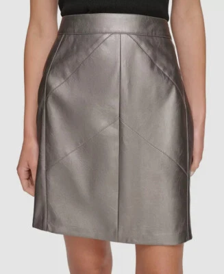DKNY Women's Silver Faux Leather Chevron-Seam Pencil Skirt Size 12 - Image 1 of 3