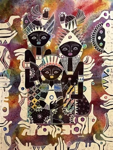 Gianto Large Batik Fabric Art King Queen Child Tribal Vintage But Modern Family - Picture 1 of 10