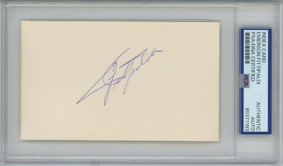 Tarjeta índice firmada por el ganador Emerson Fittipaldi Indy 500 3x5 PSA/DNA en losa automática Foto 1 de 1