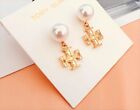 Tory,  Milgrain T Logo Gold Tone Earrings With Pearl