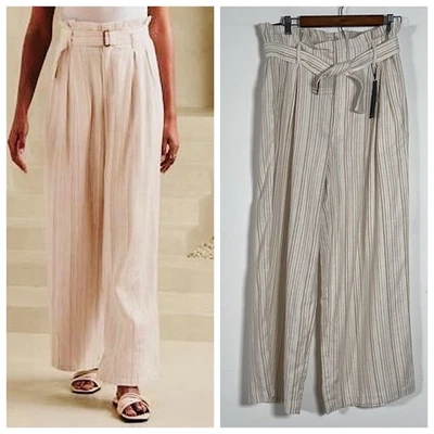 Banana Republic Wide Leg Paperbag Pants Womens Sz P 10 Beige Striped High Rise - Image 1 of 4