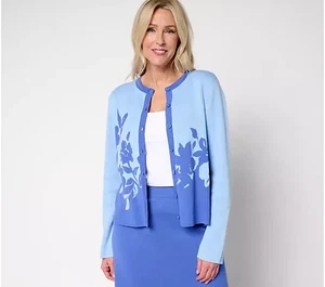 by Stacy London Floral Intarsia Cotton Knit Cardigan Periwinkle 1X A682885 - Picture 1 of 1