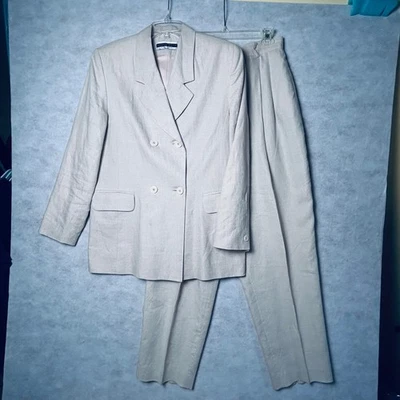 Blazer Pantalones Traje Mujer Amanda Smith Lino Puro Doble Pecho Talla 10 Beige Foto 1 de 4