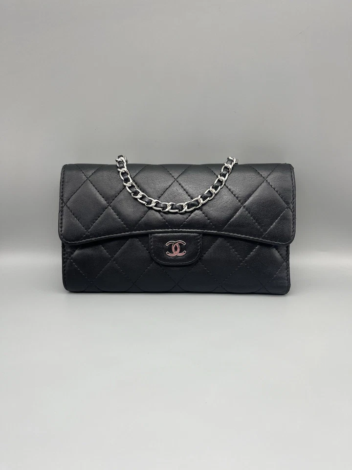 CHANEL Authentic Tri-fold Wallet Lambskin Quilted Leather In Black  From USA - Image 1 of 4