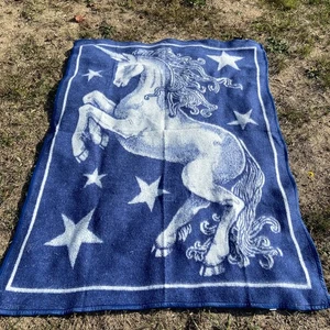 Vintage Lintex Acrylic Reversible Unicorn Throw Blanket 55x74 Stars Blue White - Picture 1 of 10