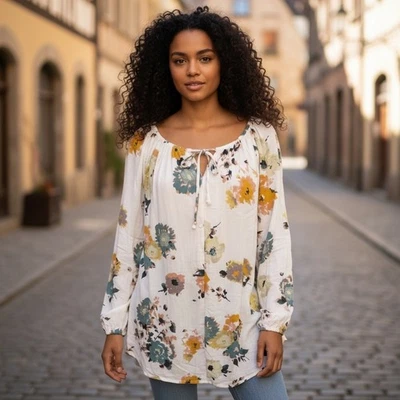 Blusa Boho Lucky Brand Marfil Floral Campesina Top Para Mujer Talla 1X Cuello Atado Foto 1 de 4
