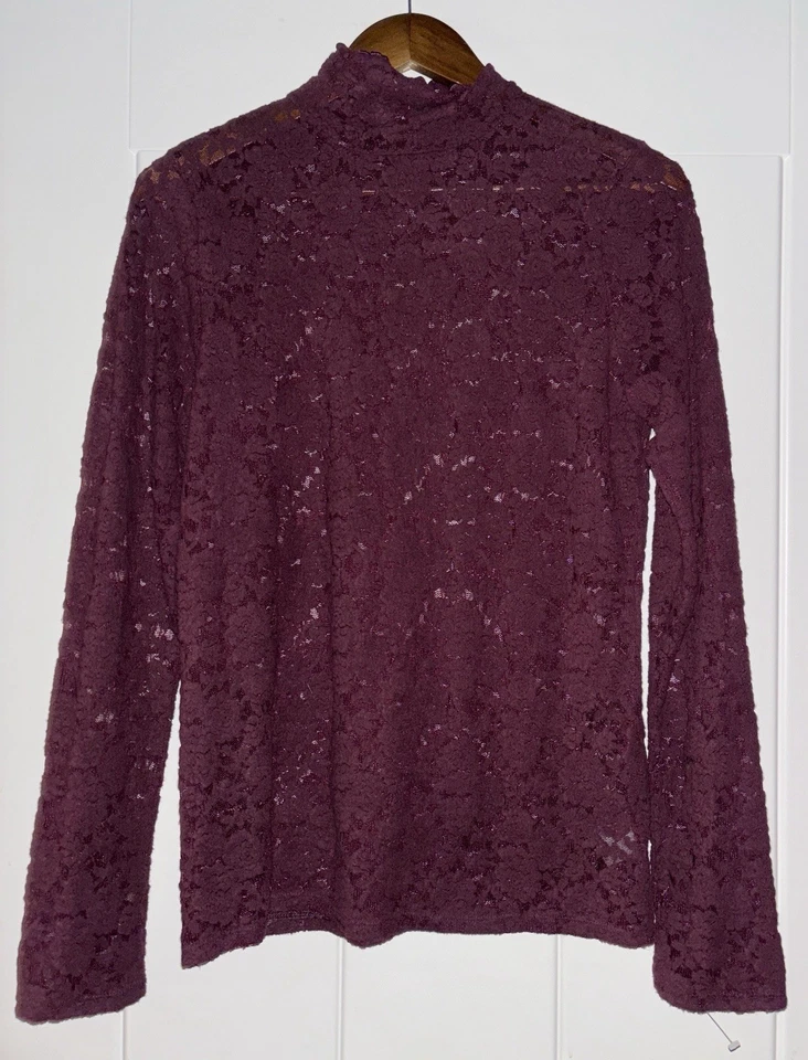 Top Express Cuello Simulado Encaje Manga Larga Transparente Ajustado Borgoña Mujer L Capricho Foto 1 de 4