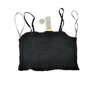C&C California Black Smocked Linen Blend Crop Top Tank Ruffle Trim Size L - Picture 1 of 7