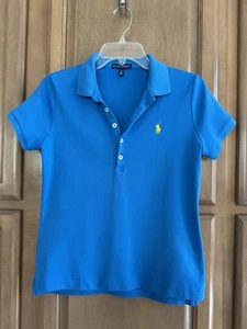 RALPH LAUREN Womens Blue Polo Shirt ~ Size L ~ Slim Fit ~ Cotton Blend - Picture 1 of 12