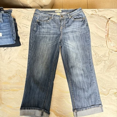 Pantalones de mezclilla capri recortados Earl Jean para mujer talla 10 elásticos bordados azules at547 Foto 1 de 4