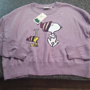 Snoopy And Woodstock Peanuts Womans Sweater M Lavender Cropped Christmas Aeropos - Picture 1 of 5