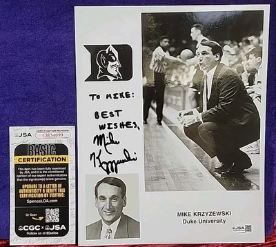 DUKE Basketball Mike Krzyzewski NCAA Coach Autograph Auto singed 8x10 JSA COA - Image 1 of 4
