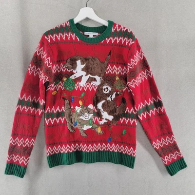 Suéter Celebrate Together Talla Pequeña Rojo Imitación Piel Gatos Navidad Luces Novedad Foto 1 de 4