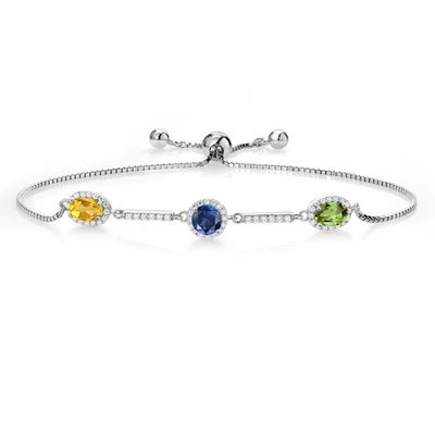 1.55 Ct Oval Yellow Citrine Blue Created Sapphire 925 Sterling Silver Bracelet - Image 1 of 4