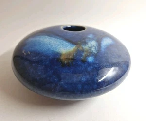Signed Studio Pottery Ikebana Blue Zen Round Flat Flower Frog FREE SHIPPING - Picture 1 of 12