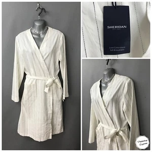 NEW Sheridan Ivory Mix Pinstripe Linen Cotton Belted Retro Wrap Dress M/L - Picture 1 of 12