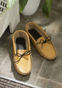 British Made Men's Tan Leather Moccasin Shoe Slipper Hard PVC Sole Lace Tie - Picture 1 of 10