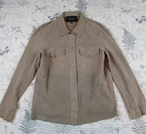 $ 1550 Lafayette 148 hellbraun Wildleder Leder perforiert Kragen lang SLV Druckknopf Hemd 10 - Bild 1 von 11
