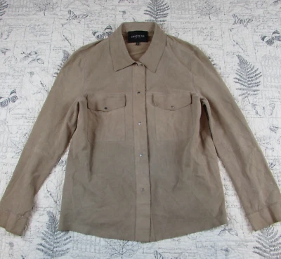 $1550 Lafayette 148 Tostado Gamuza Cuero Perforado Cuello Largo SLV Camisa a Presión 10 Foto 1 de 4