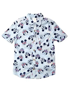 Boys Blue Short Sleeve Mickey Mouse Patriotic Button Front Shirt Medium 8 - Picture 1 of 2