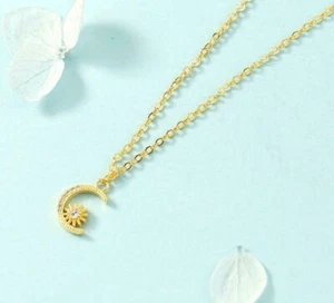 Gold Moon Star Ray Pave Cubic Zirconia Pendant Chain Necklace - Picture 1 of 1