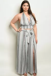 Womens Plus Size Gray Palazzo Pants and Halter Top Set 1X Striped Split Leg - Picture 1 of 4