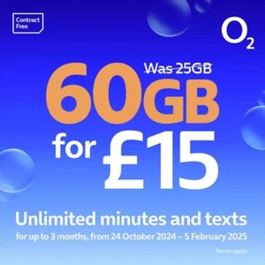 O2 Sim Card With Credit £15 Bundle 25GB Data+FREE 35GB PROMO activate by 05 FEB - Picture 1 of 2