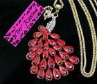 Betsey Johnson Peacock Crystal AB Pendant Gold Red Necklace Long Statement