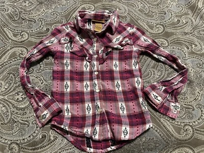 Girls Wrangler Pearl Snap Cowboy Pink Plaid Print Shirt XS - Image 1 of 3