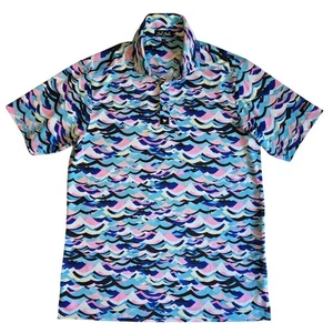 Bad Birdie Polo Shirt Mens Small Blue Pink Wave Print Golf Performance Stretch - Picture 1 of 12