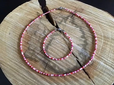 Schmuckset in Rot/Rosa Kette + Armband) aus Miyuki-Rocailles-Glasperlen - Bild 1 von 4