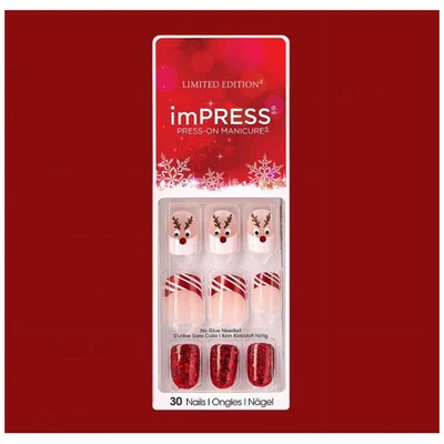imPRESS Press On Nails Holiday Reindeer Candy Cane Red Short No Glue Manicure - Image 1 of 4