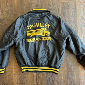 Vintage 90s Transportation Bus Nylon Jacket Black Snap-Up Retro Street Size L - Picture 1 of 7