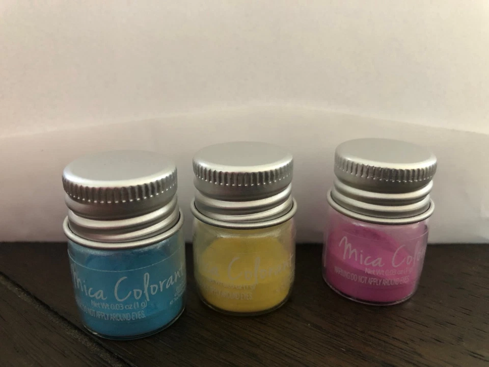 MICA Colorant Powders Pink-Blue-Yellow Opened Used .03 oz mini jars - Image 1 of 1