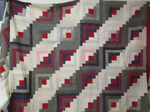 Antique 1880's Quilt Top Log Cabin Light & Shadows Mourning Shirt prints Indigos - Picture 1 of 12