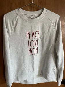 RAE DUNN "PEACE, LOVE, HOPE" Sweatshirt Top Women's Size M Light Gray Hi-Low Hem - Picture 1 of 3