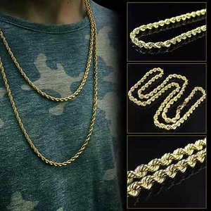 Collar de cadena de cuerda con corte de diamante láser de 3 mm de oro amarillo sólido de 10 quilates 18"- 24" - Imagen 1 de 6