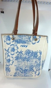 ROXY QUIKSILVER blau/weiß Canvas Leder Henkeltasche Hand Schultertasche 10x9x3" - Bild 1 von 10