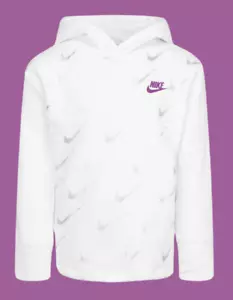 Nike NSW White & Purple Printed Fleece Hoodie Kids Girls Size 4 - 36I329-001 - Picture 1 of 4