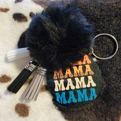Mama Black Pom Pom Tassel Keychain Handmade Custom Key Ring - Image 1 of 3
