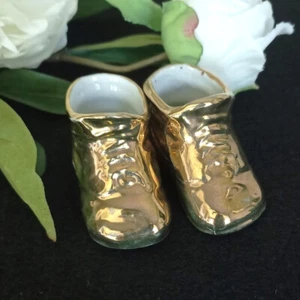 Vintage Gold Porzellan Paar kleine Baby Hausschuhe Stiefeletten Japan - Bild 1 von 9