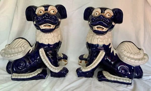 Two Large vintage Foo Dog porcelain ceramic sculpture figurines, 18”x18” - Picture 1 of 6