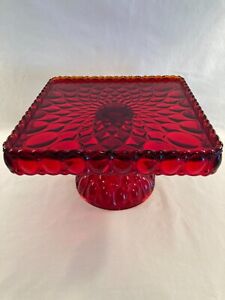 Vintage Mosser Ruby Red ELIZABETH QUILTED 10" Glass Cake Plate Stand LOVELY