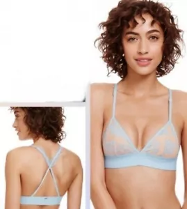 Victoria’s Secret Pink XS Lace Triangle Bralette Blue & Tan w/Daisy Embroidery - Picture 1 of 6