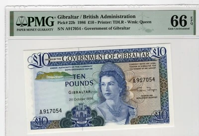 Gibraltar 1986 10 Pounds PMG Certified Banknote UNC 66 EPQ Pick 22b - Image 1 of 2