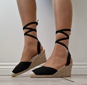 Womens Black Espadrille Sandals Ankle Strap Tie Up Wedge Heel Platform Shoes New - Picture 1 of 7