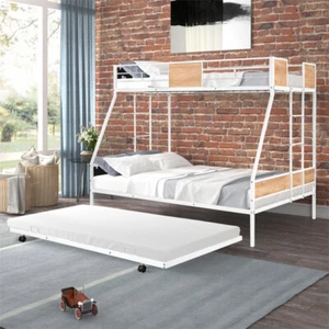 Metal Twin Over Full Bunk Bed w/Trundle & 2 side Ladders Heavy Duty Bed Frame - Picture 1 of 12