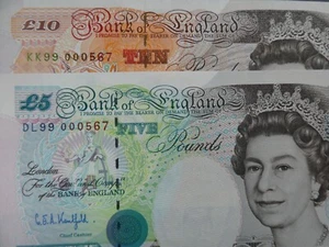 2No. 1993 KENTFIELD (GB/ENGLAND) £5 & £10 BANKNOTES FRESH UNC~DL99/KK99 000567 - Picture 1 of 3