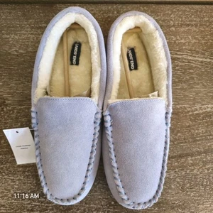 New Lands' End Suede Leather Moccasin Slippers Sky Blue Women Size 9B - Picture 1 of 11